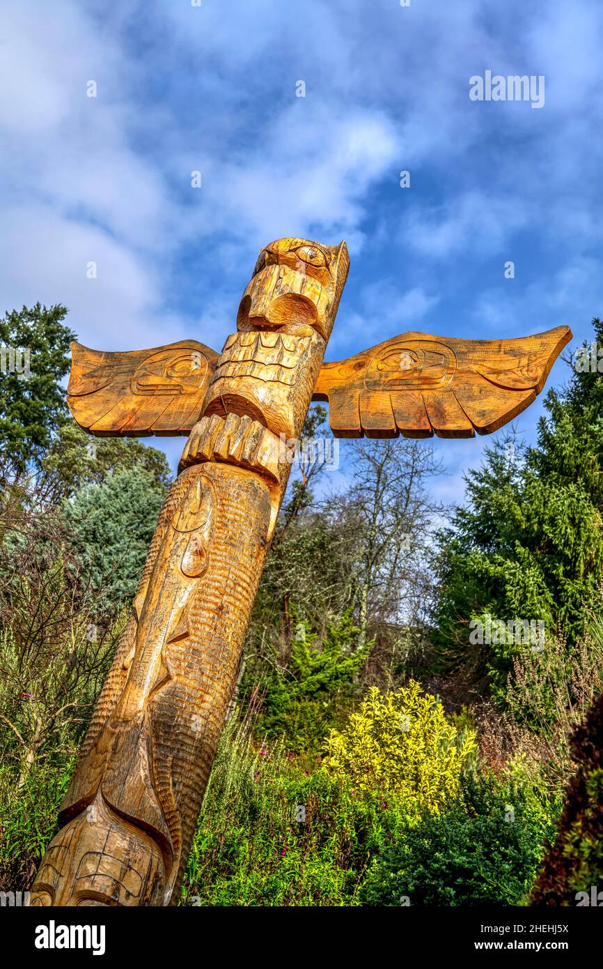 Wooden totem pole carved with animal figures, Seattle, Washington, USA Stock Photo