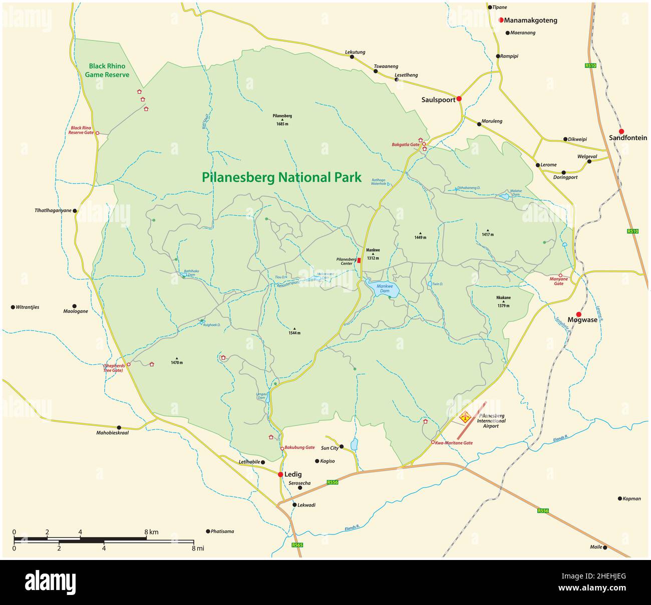 Vector map of the South African Pilanesberg National Park, North West Province, South Africa Stock Vector