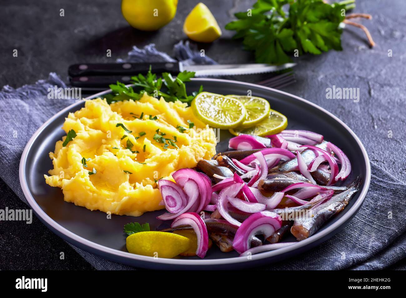 close-up of sprat red onion and pickles salad with hot potato mash on a plate on a concrete table, horizontal view from above Stock Photo