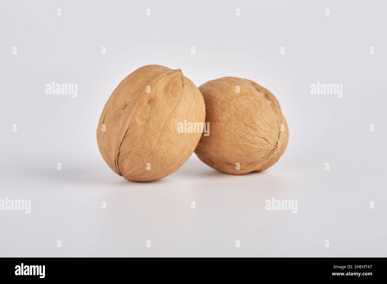 Two walnuts on a light background close-up Stock Photo