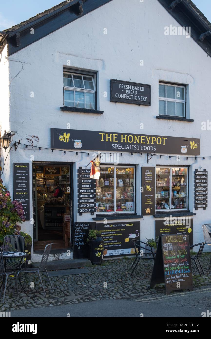 The Honeypot food shop and delicatessen in the village of Hawkshead in the Lake District, Cumbria, UK Stock Photo