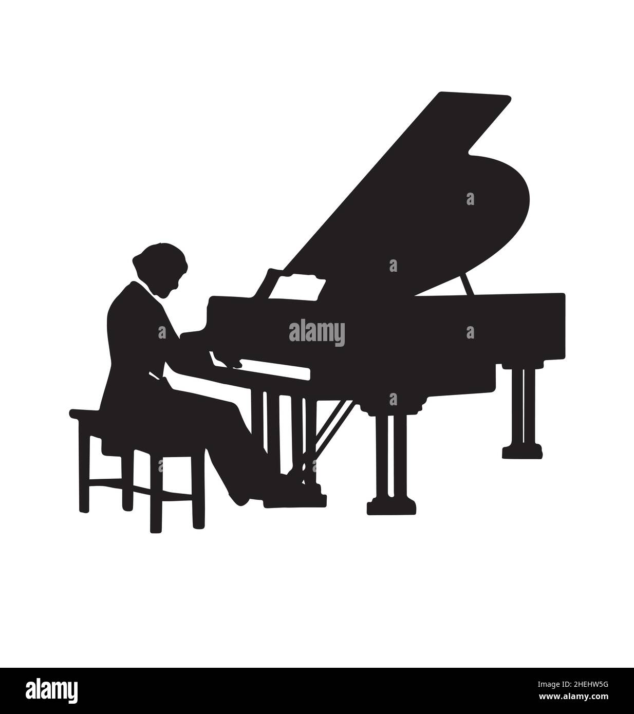 classical pianist playing grand piano silhouette isometric view vector isolated on white background Stock Vector