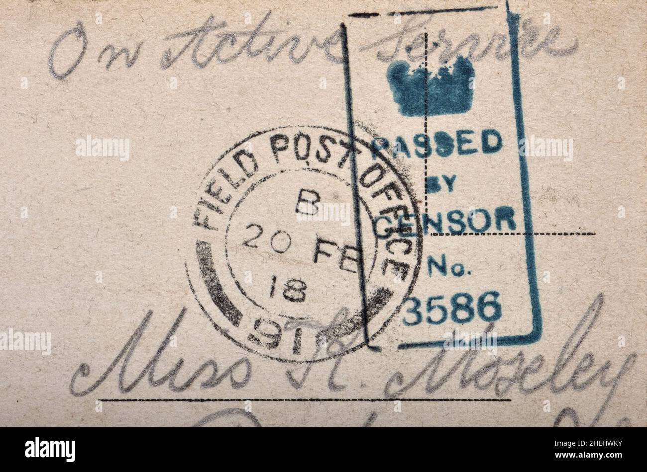 Letter posted during the First World War with a stamp to show it was passed by censors. Stock Photo