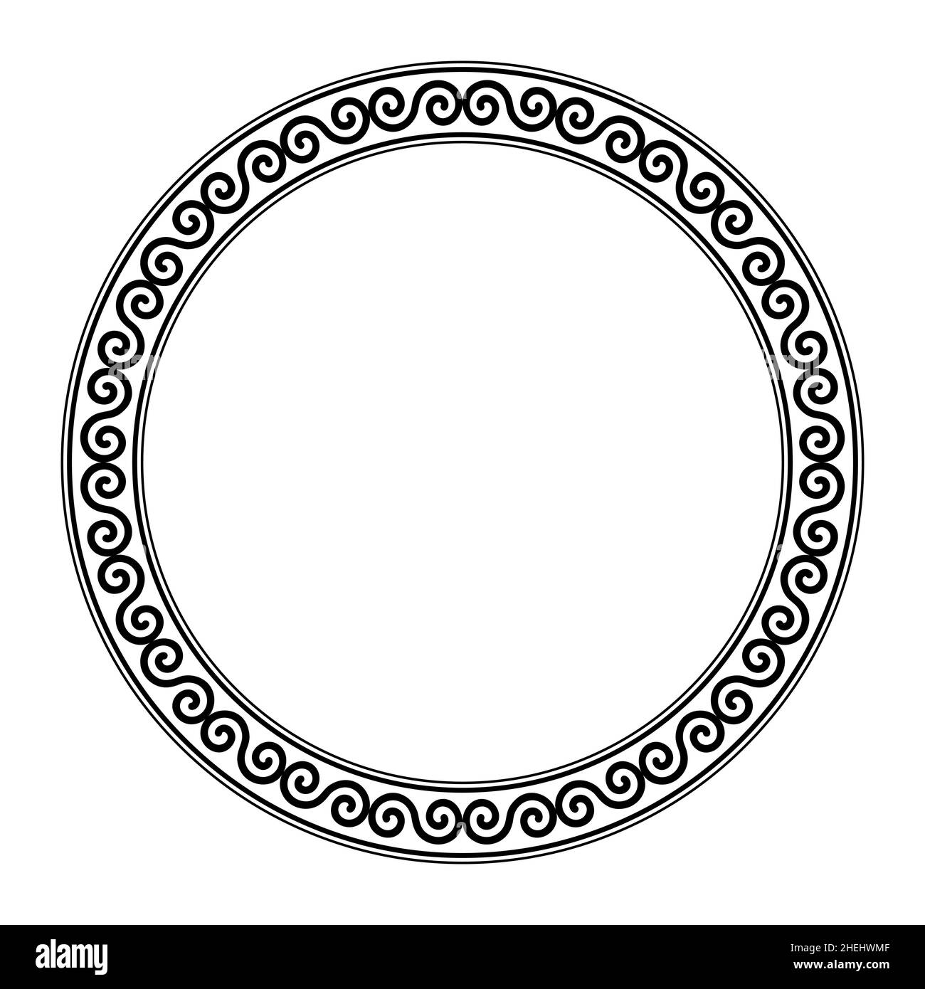 Circle frame, with meander made of a Celtic double spiral pattern. Decorative round border, made of alternate flipped double spirals. Stock Photo