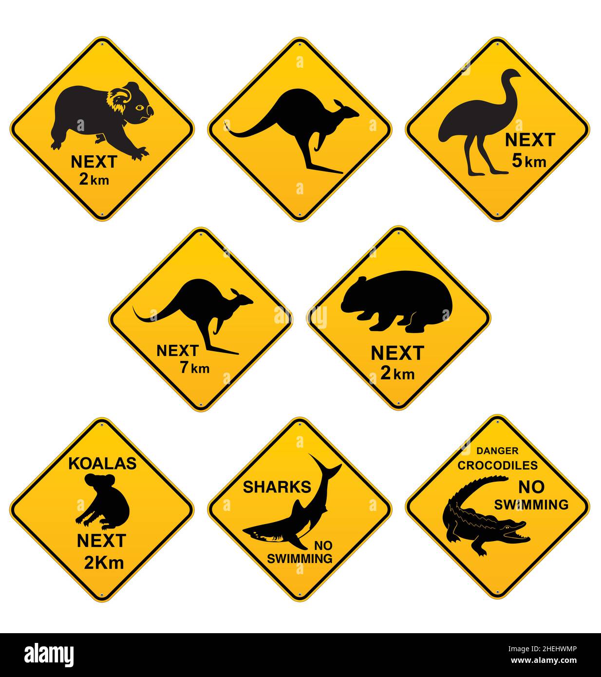 Various Australian animal highway road signs and warning signs kangaroo wombat koala shark crocodile emu vector isolated on white background Stock Vector