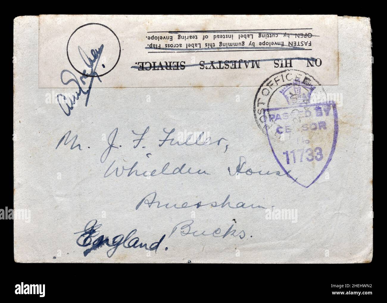 Letter posted during the First World War with a stamp to show it was passed by censors. Stock Photo