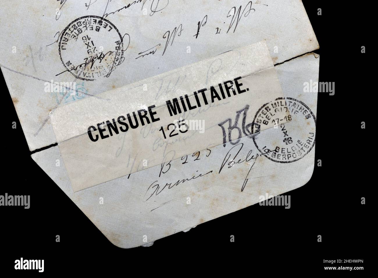 Letter posted during the First World War with a stamp to show it was passed by censors. Stock Photo