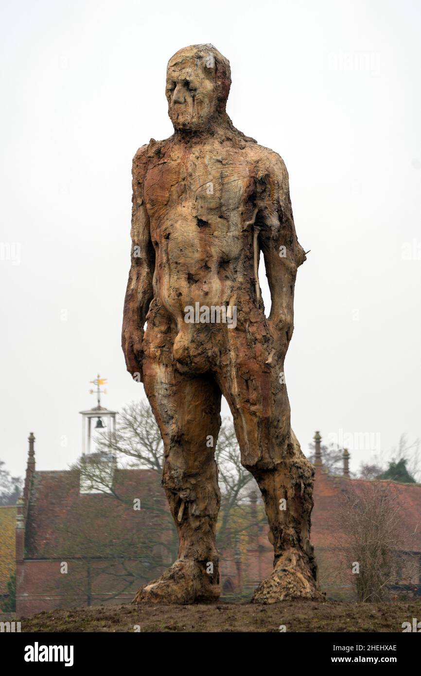 The Yoxman statue by artist Laurence Edwards stands beside the A12 road at Cockfield Hall in Yoxford, Suffolk. The 26ft high bronze figure, which has been dubbed the 'Suffolk Colossus', weighs 8 tonnes and is one of the largest bronze sculptures to have been cast in the UK. It was made at Edward's nearby studio and foundry in Halesworth, Suffolk. Picture date: Tuesday January 11, 2022. Stock Photo