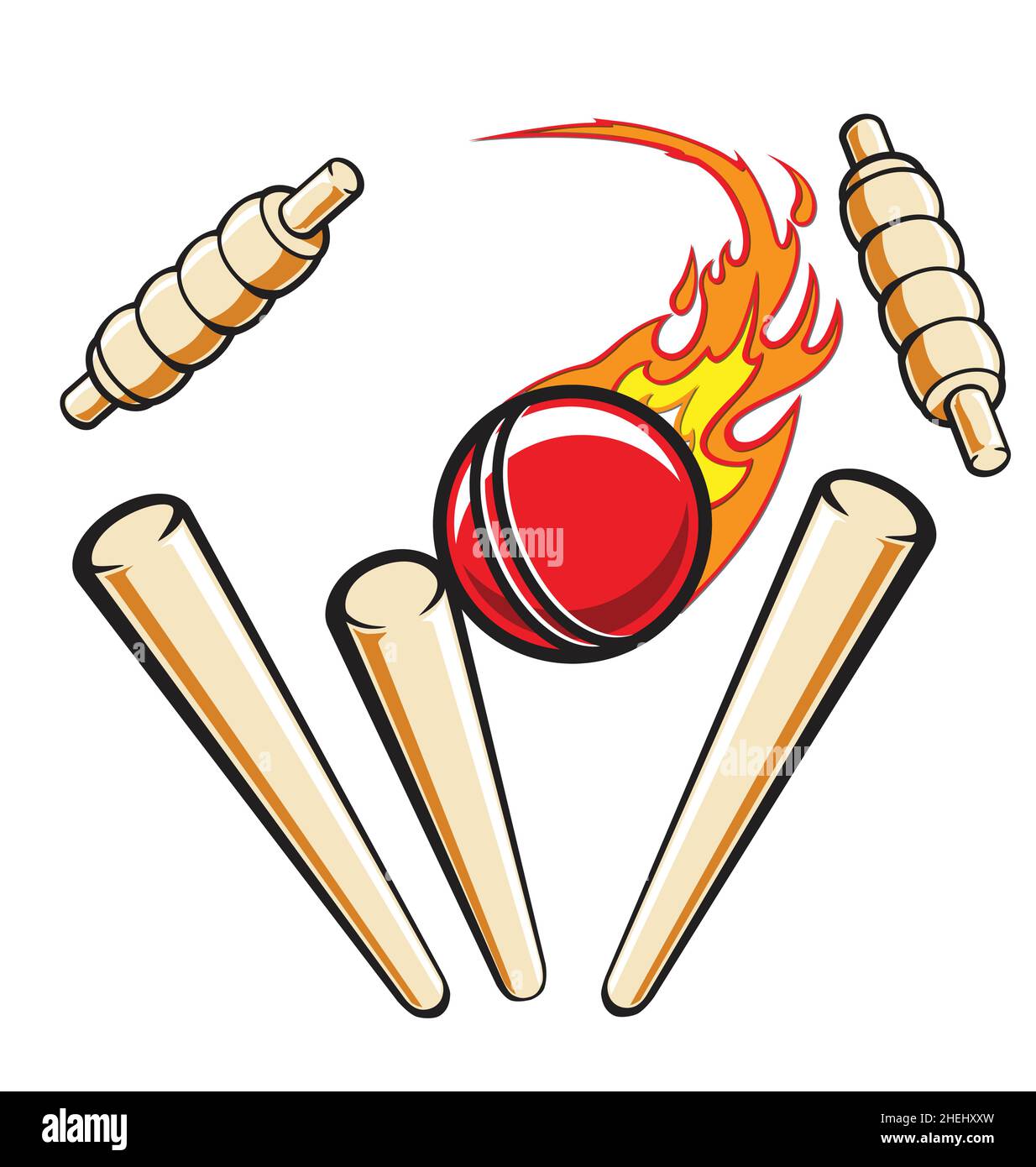 Cricket wicket stumps hit by fast flaming red ball bowled out vector isolated on white background Stock Vector