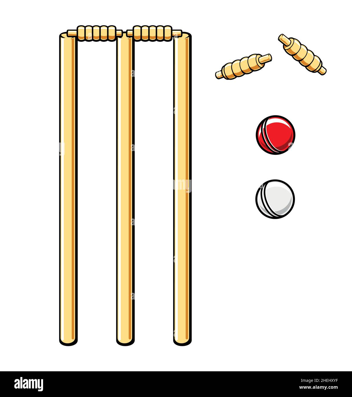 cartoon stylised cricket set stumps bails and red and white ball vector isolated on white background Stock Vector