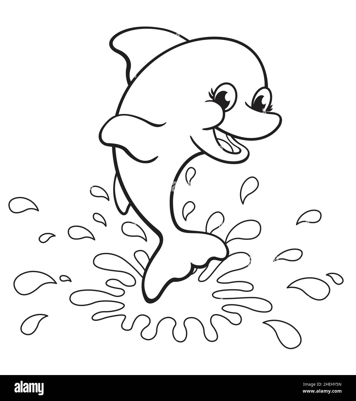 fun happy cute dolphin with splash for coloring colouring in activity book image isolated on white background Stock Vector