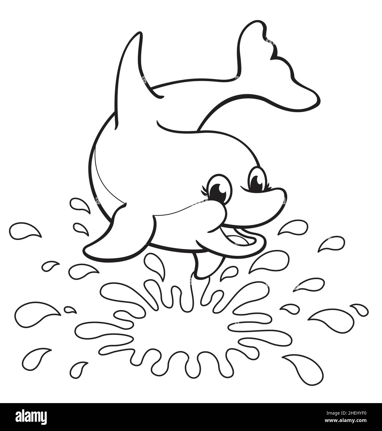 fun happy cute dolphin with splash for coloring colouring in activity book image isolated on white background Stock Vector