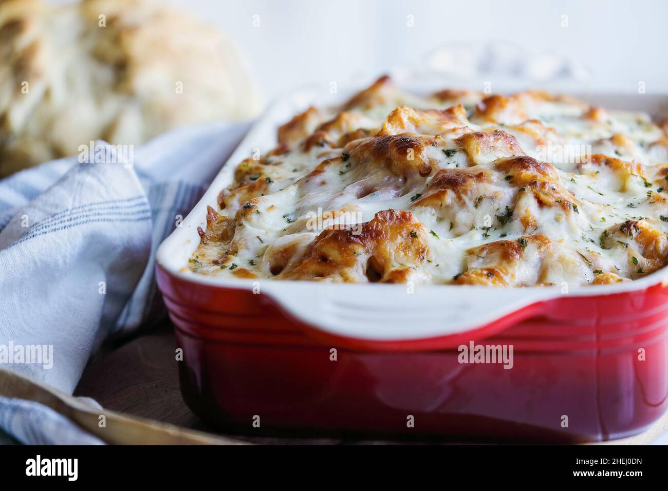 Delicious homemade backed tortellini noodle casserole topped with