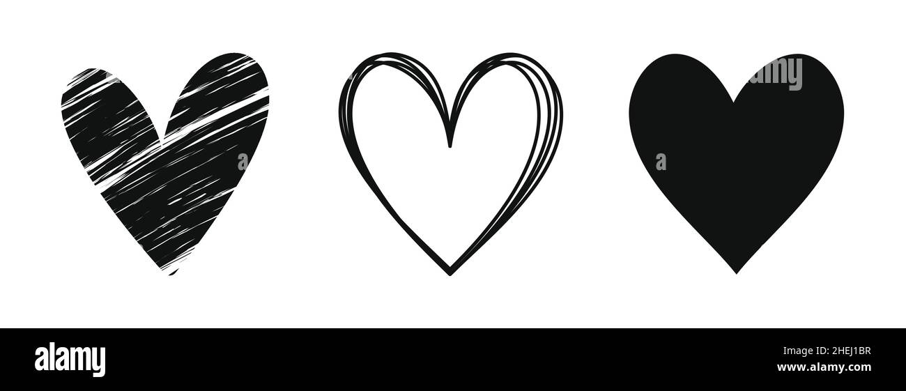 Black doodle hearts vector illustration isolated on white background ...
