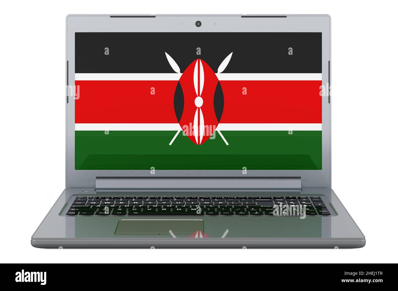 Kenyan flag on laptop screen. 3D illustration isolated on white