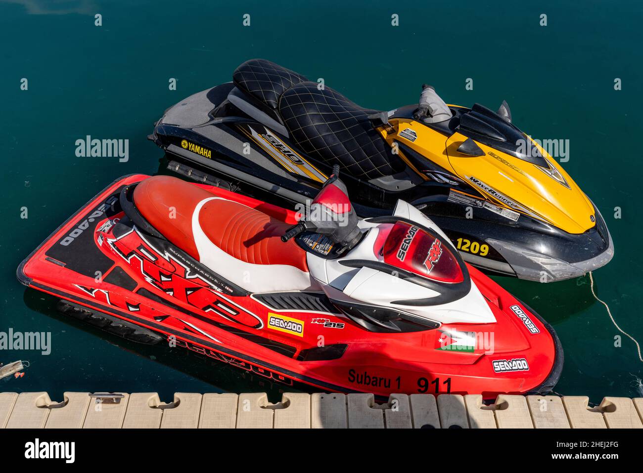 Two Colourful Jet Skis At The Marina In Aqaba, Aqaba Governorate