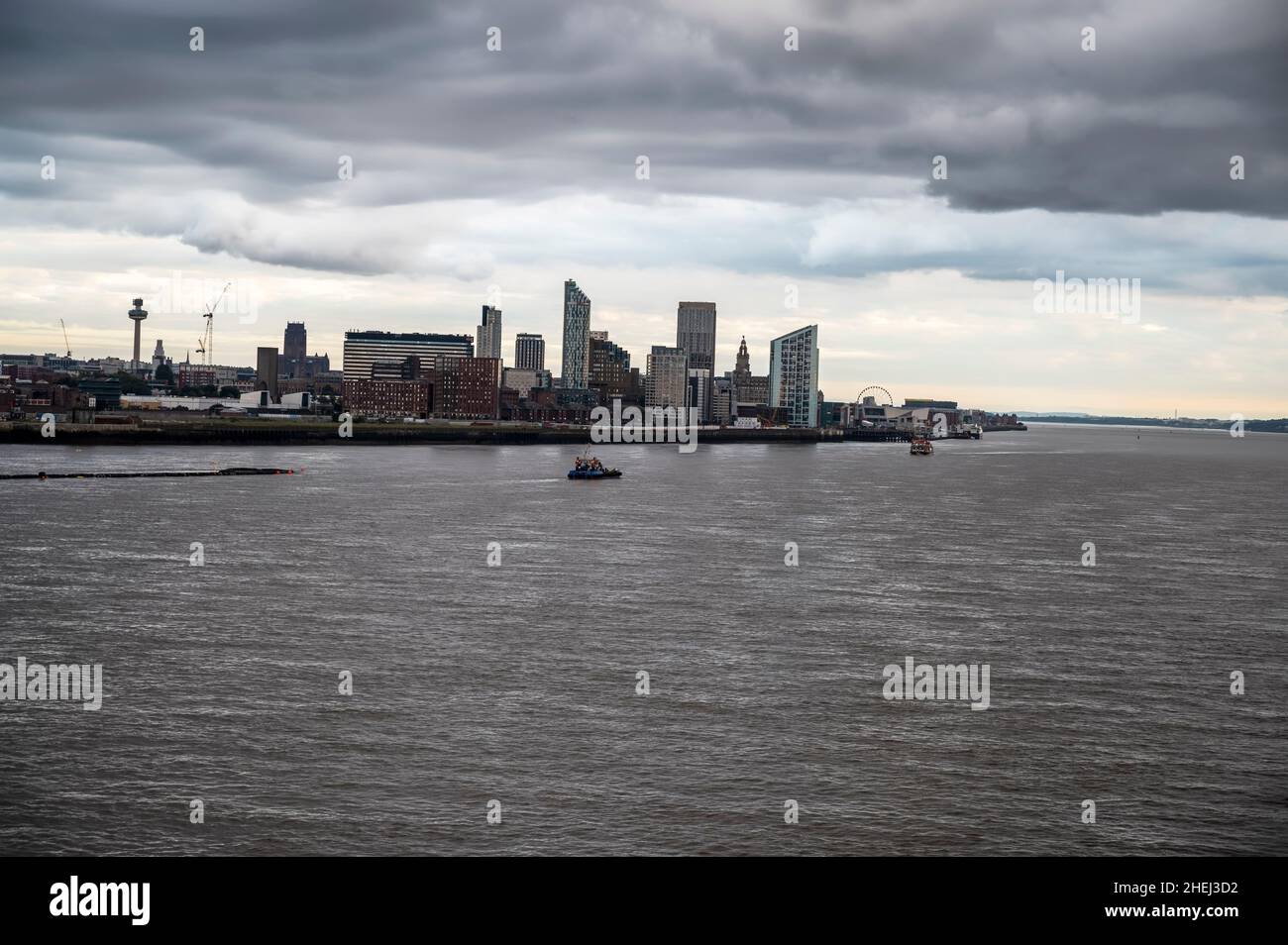 Liverpool, England - September 25, 2021: View towards Liverpool City Centre from Stena Line ferry docked on river Mersey in Birkenhead. Stock Photo
