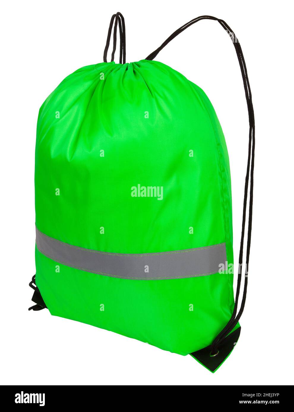 Green nylon drawstring bag with reflective tape for safety, isolated over white Stock Photo