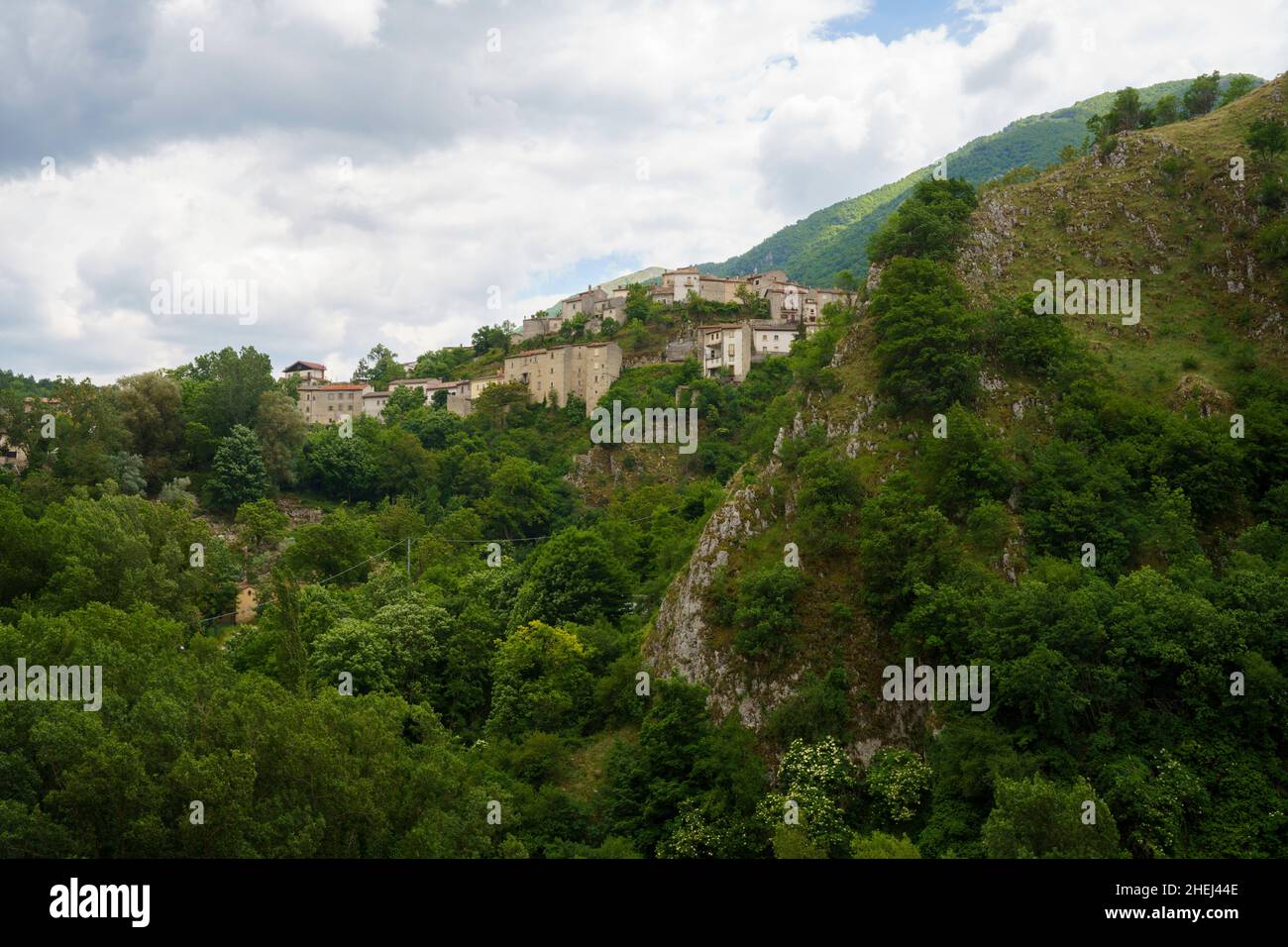 Mountain landscape along the road of Gole del Sagittario, famous canyon in Abruzzo, Italy, L Aquila province. View of Villalago, old village Stock Photo