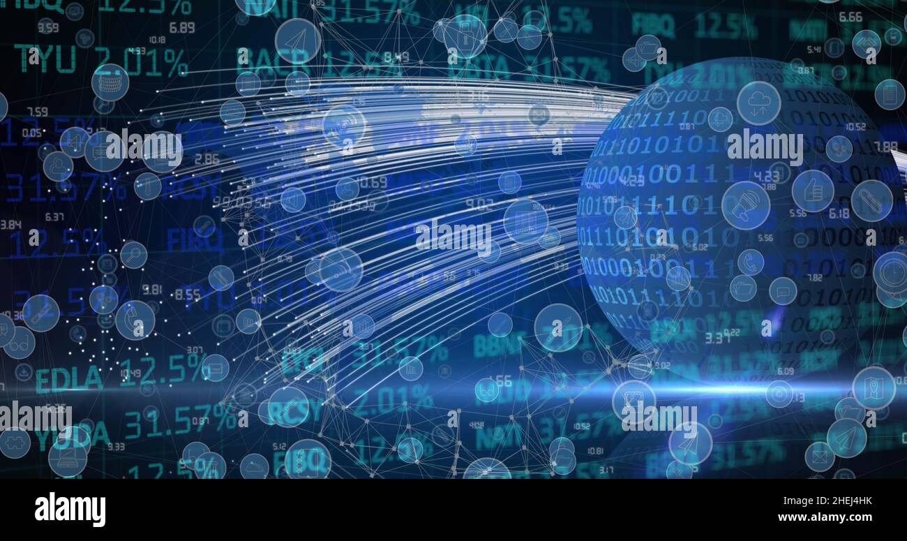Image of financial data processing and social media icons over globe ...