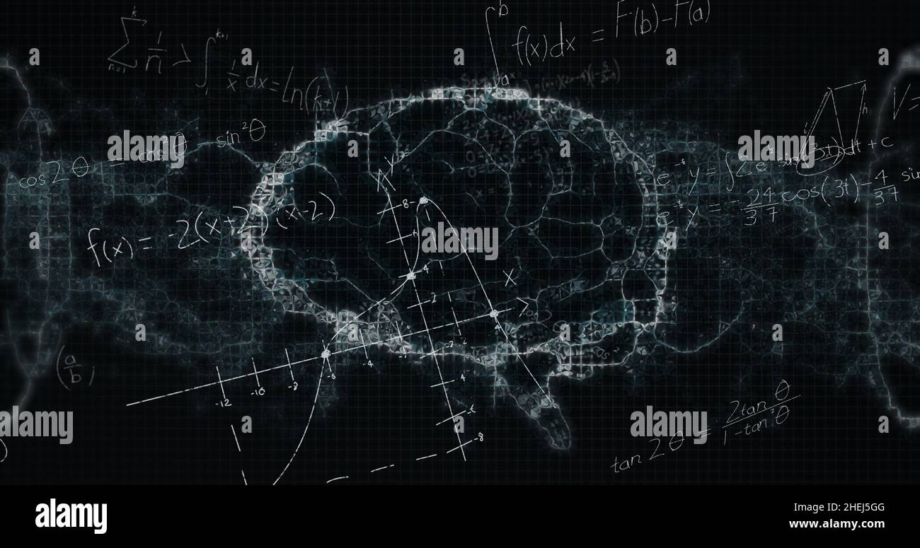 Image of mathematical equations over digital model of human brain on