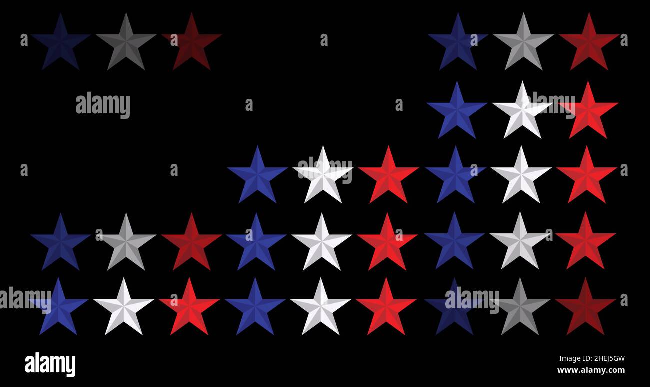 Image of white, blue and red stars of american flag in rows on black ...