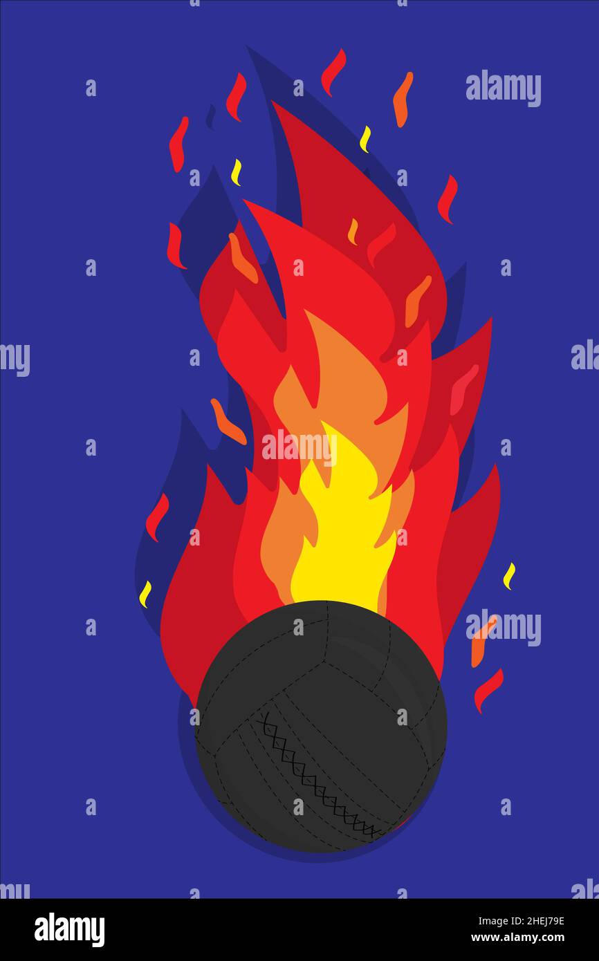 Close-up vector illustration of a black medical ball flies at high speed behind it a fiery tail on a blue  background. Sport equipment Stock Photo