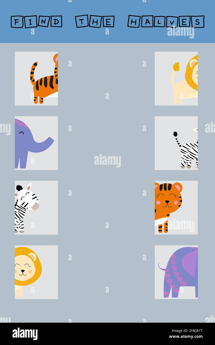 Match the halves of the animals tiger, elephant, lion, zebra. Educational game for children. Stock Photo