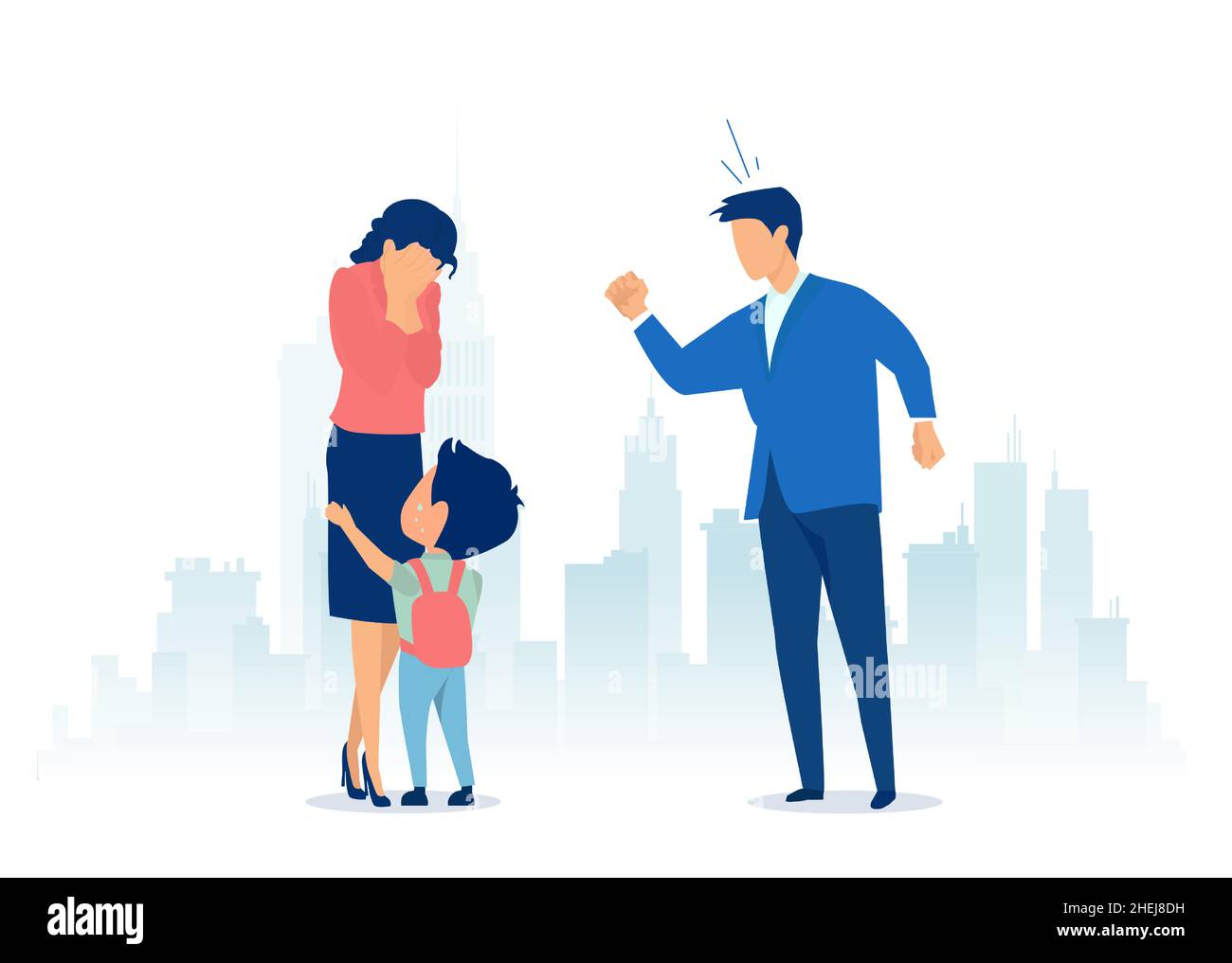 Vector of a father yelling at a mother with child. Family conflict and domestic violence concept Stock Vector