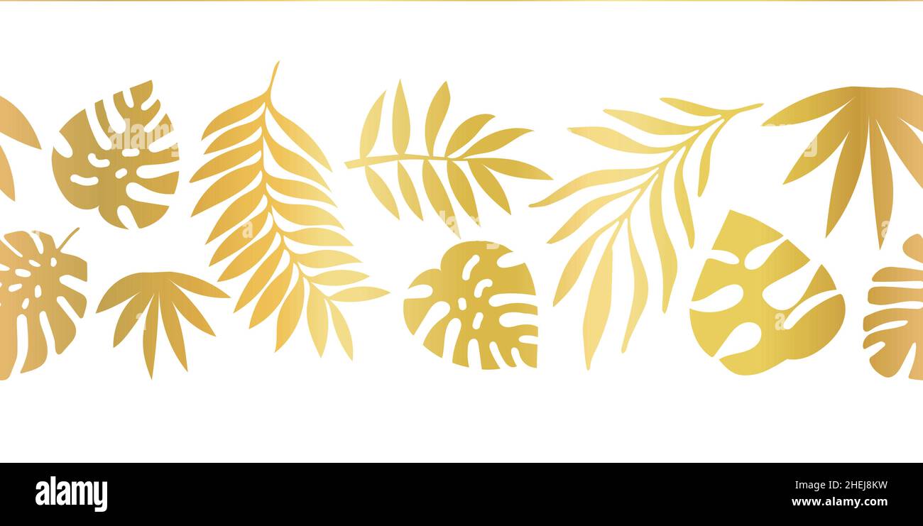Golden tropical palm leaves seamless vector border. Elegant exotic nature repeating pattern with gold foil jungle florals. Monstera, Philodendron, and Stock Vector