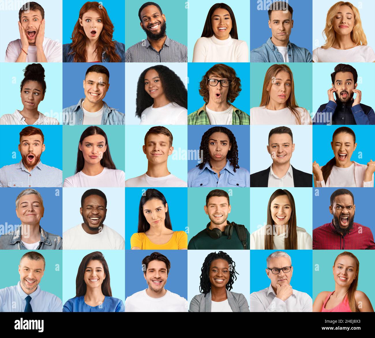 Collage of diverse people expressing different emotions, mosaic set ...