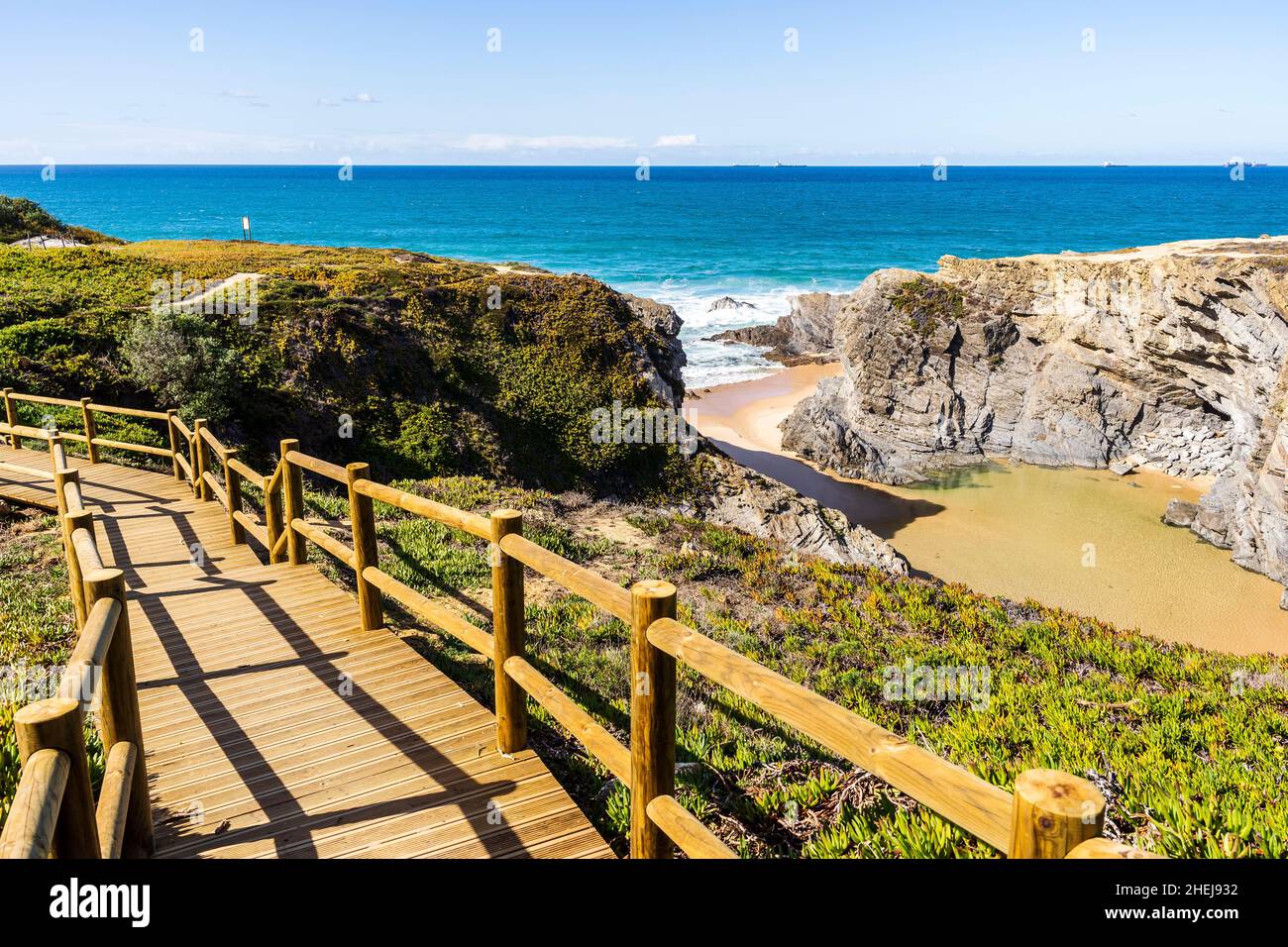 Wooden walkway by Espingardeiro Beach, Vicentina Route, Alentejo, Portugal Stock Photo