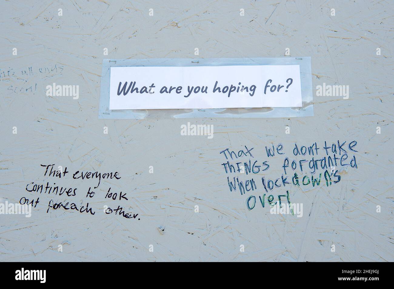 Egham, Surrey, UK. 20th May, 2020. Messages outside St John's Church in Egham, Surrey about what people are looking forward to and what they are hoping for during the Coronavirus Covid-19 Pandemic lockdown. Credit: Maureen McLean/Alamy Stock Photo