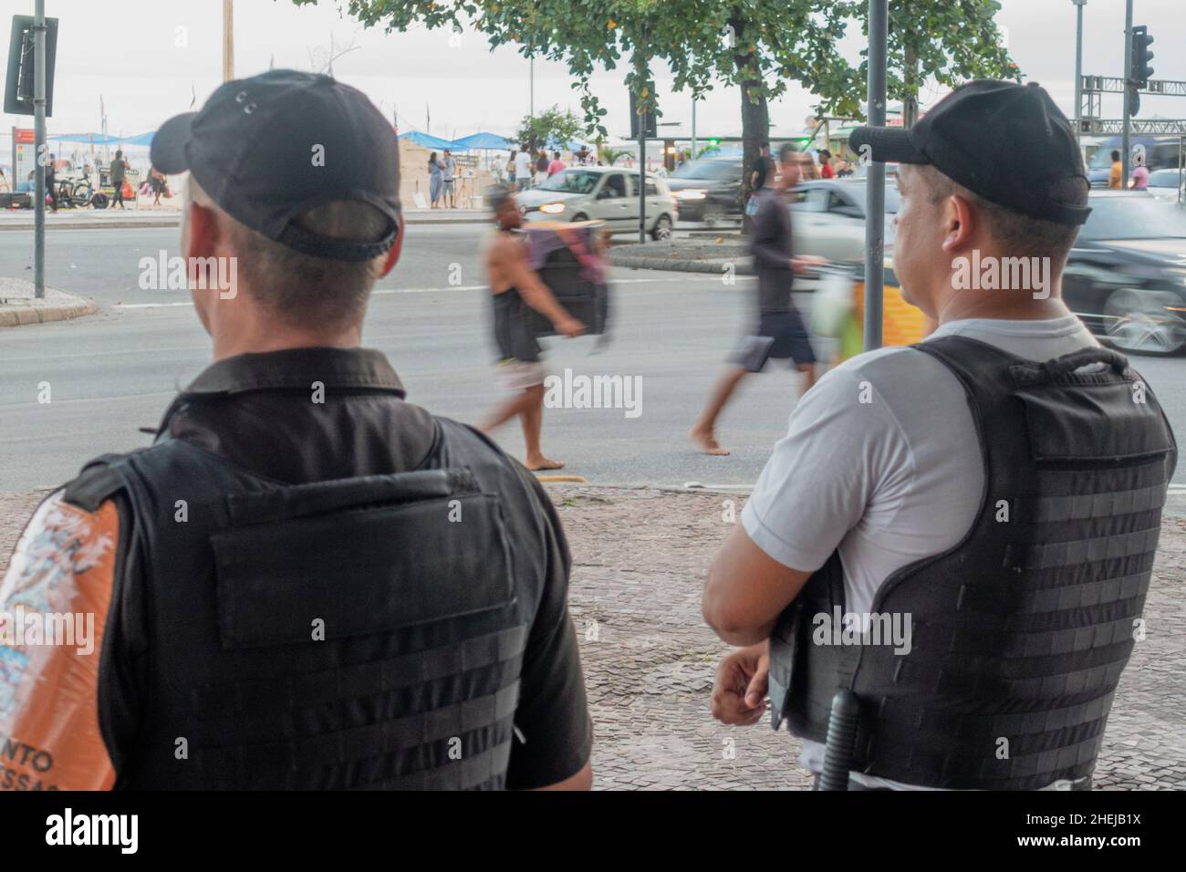 South America, Rio de Janeiro. Policemen wearing kevlar bullet proof vests, on the beat in Copacabana Stock Photo