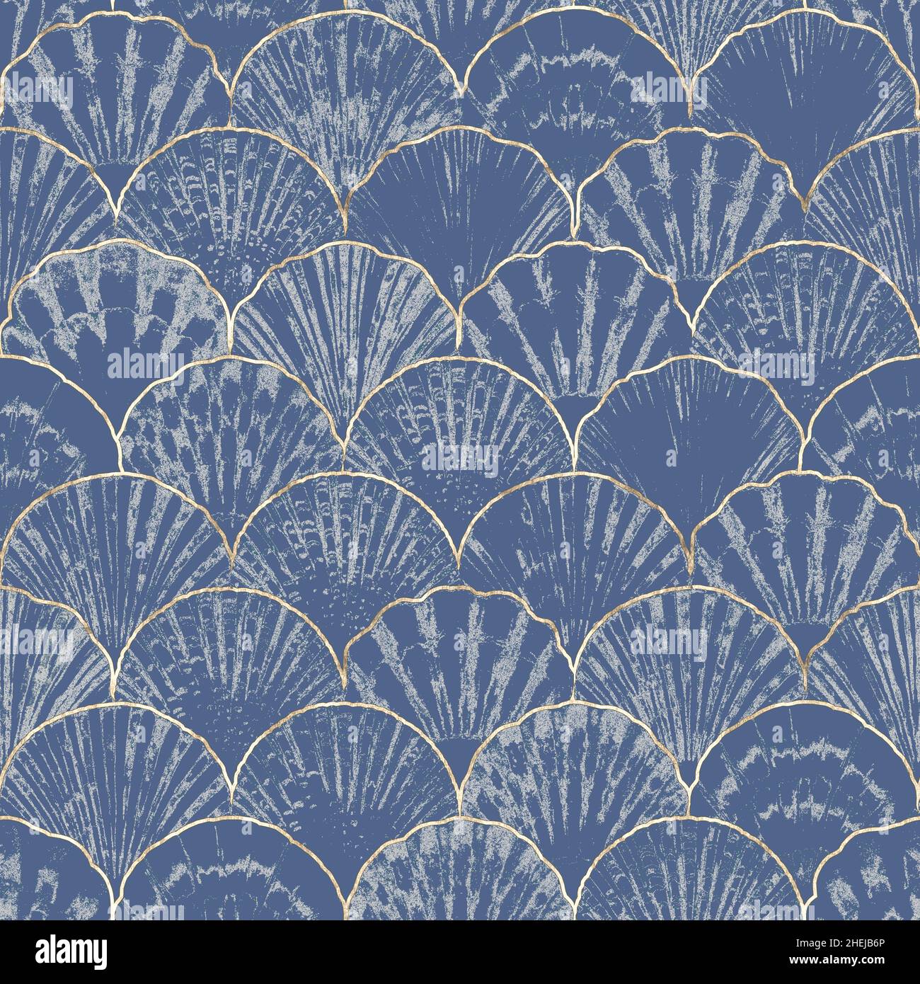 Watercolor sea shell japanese waves blue navy seamless pattern. Hand ...