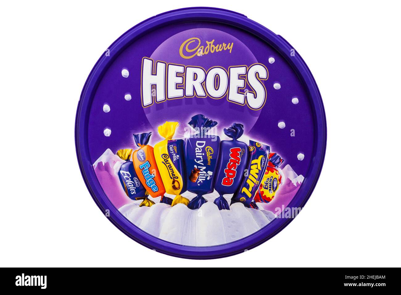 Tub of Cadbury Heroes chocolates sweets isolated on white background Stock Photo