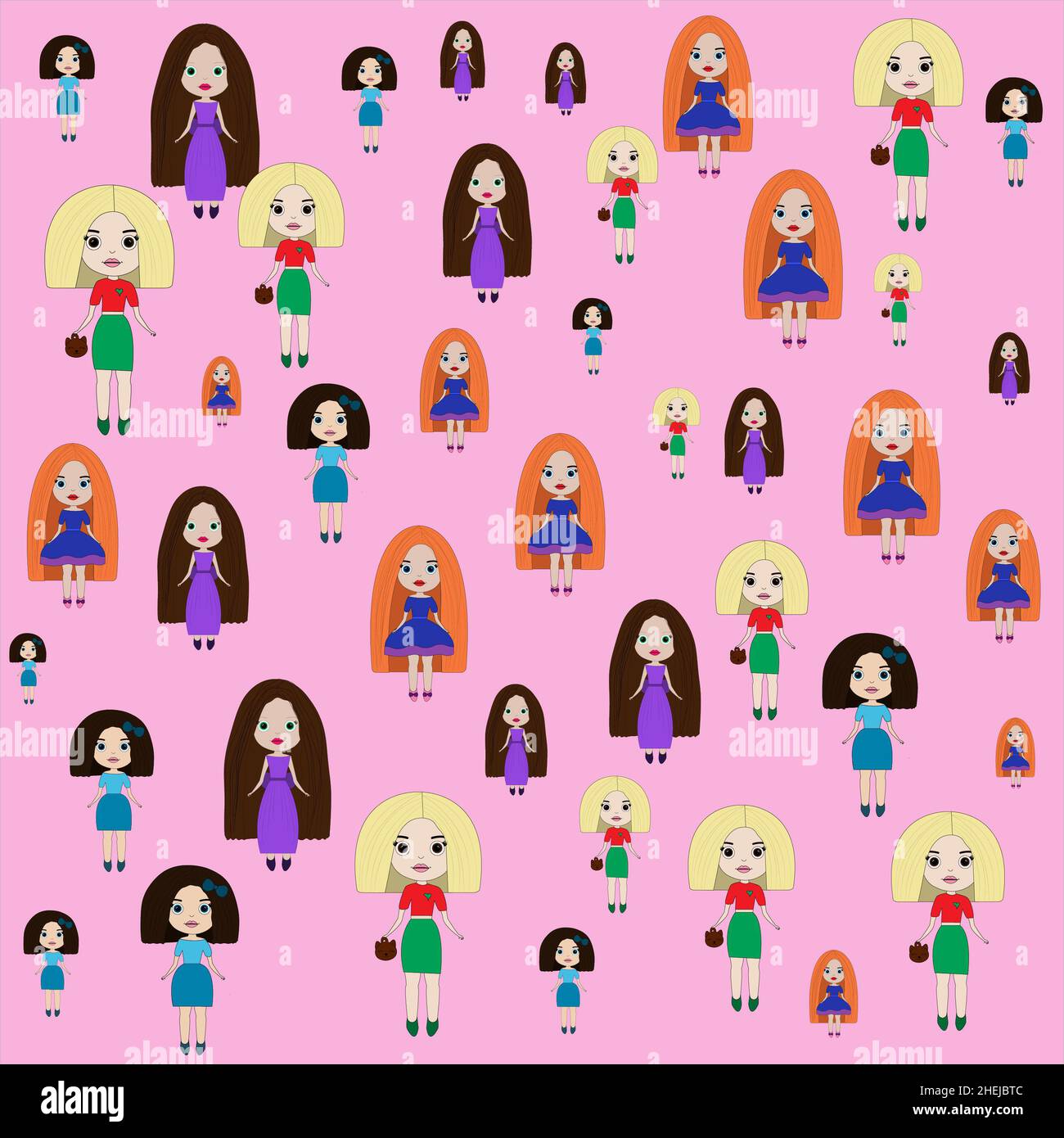 Pattern of cartoon dolls on a pink background. cute little girls