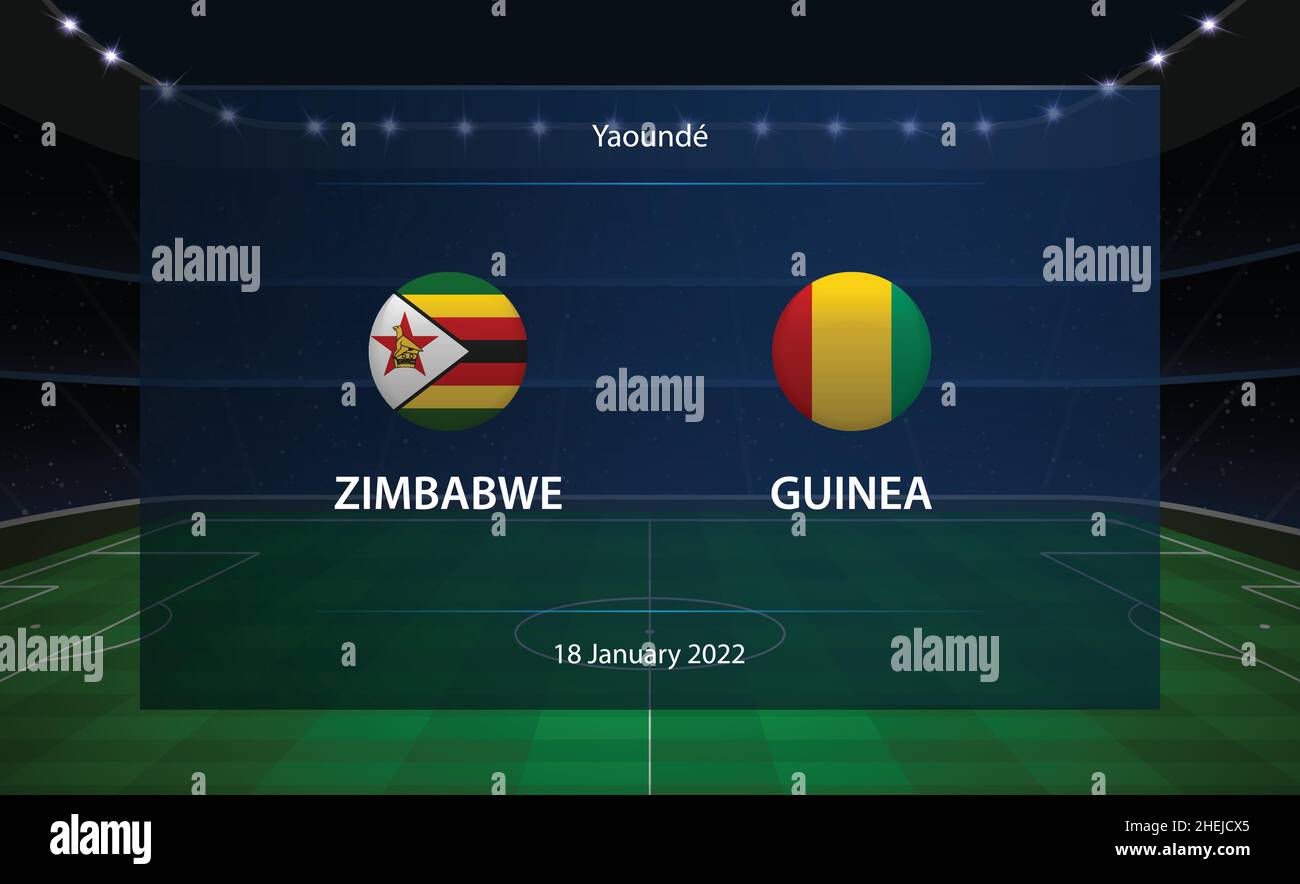 Zimbabwe vs Guinea football scoreboard. Broadcast graphic soccer