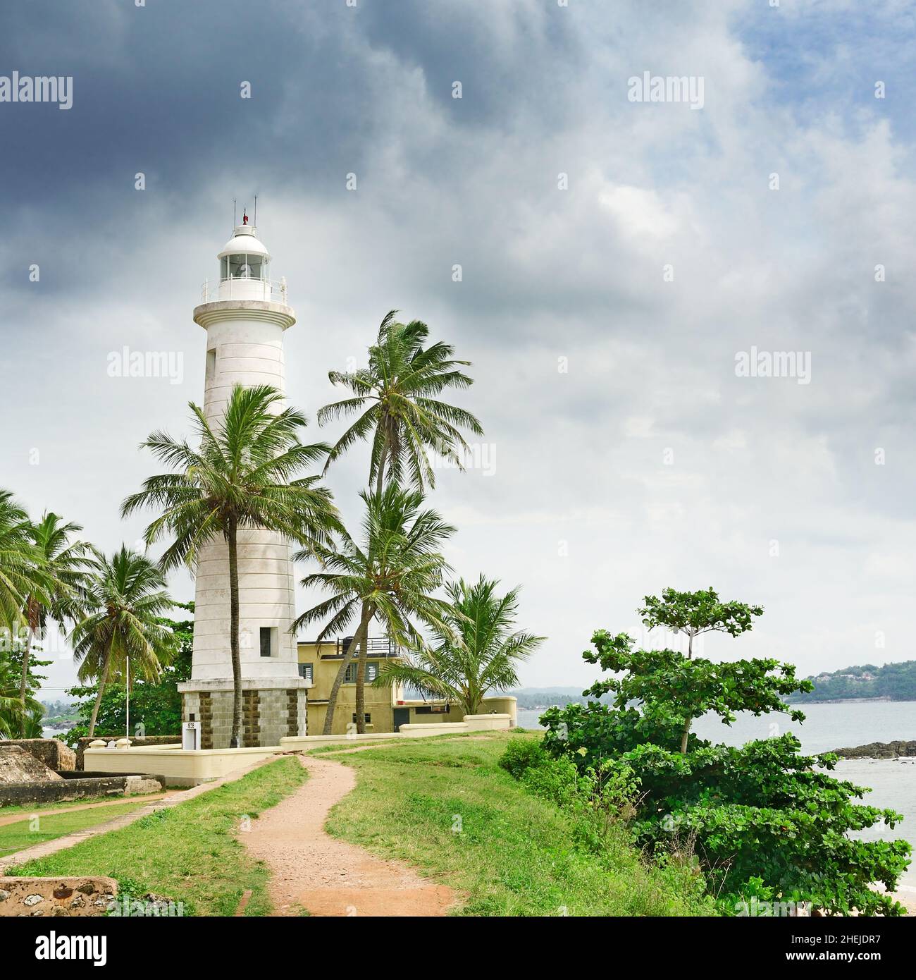 Lighthouse and palm trees on background sky. Stock Photo