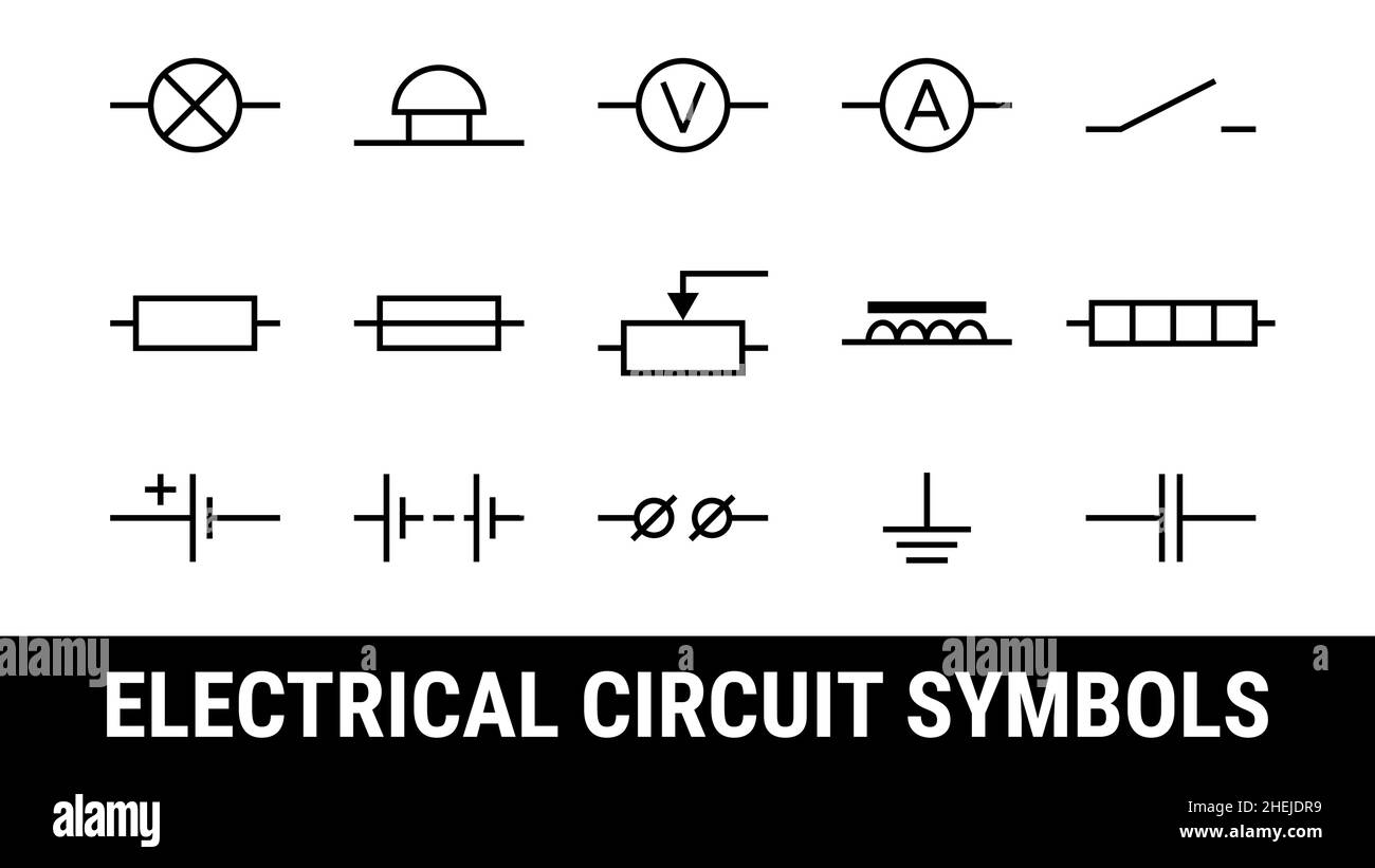 Electrical circuit symbols set. Flat icons elements. Lamp, Ammeter and voltmeter, bell, terminal, resistor and cell battery, heating element, electrom Stock Vector