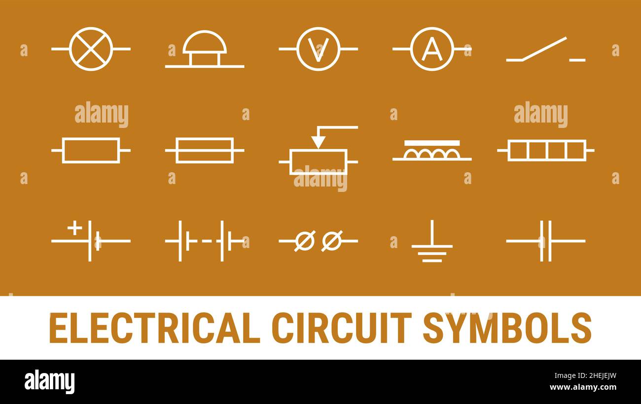 Electrical circuit symbols set. White Flat icons elements on orange background. Lamp, Ammeter and voltmeter, bell, terminal, resistor and cell battery Stock Vector