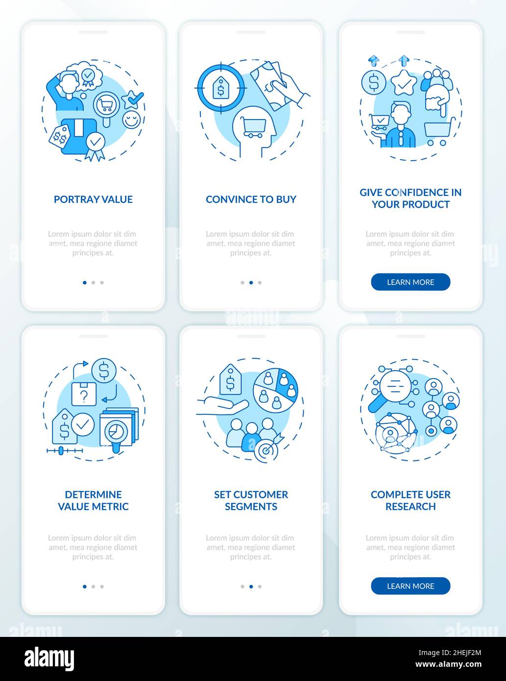 Selecting good pricing strategy blue onboarding mobile app screen set ...