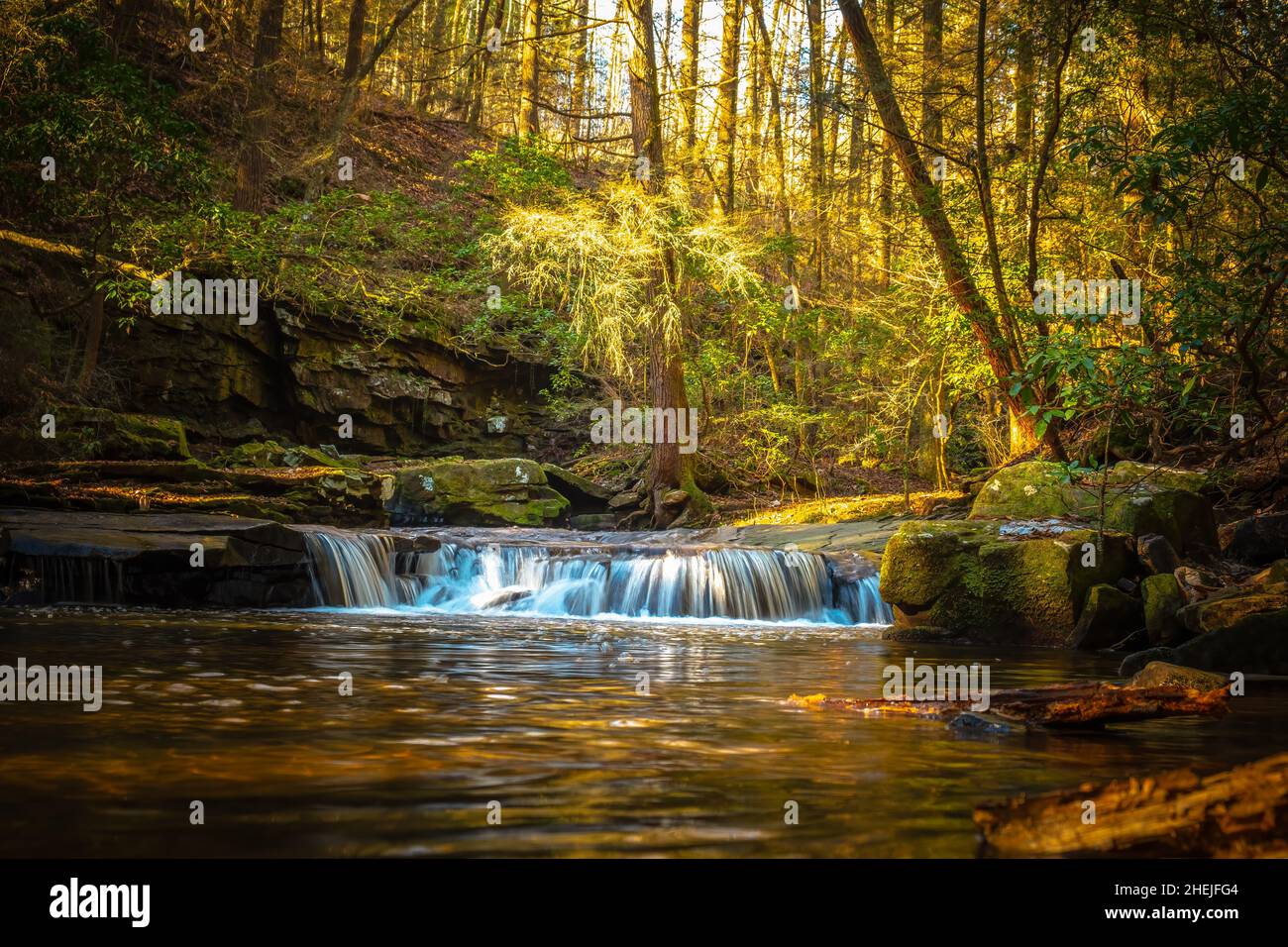 A small quaint waterall on the creek gurgles along the Fiery Gizzard Trail on the South Cumberland Plateau in Tennessee. Stock Photo