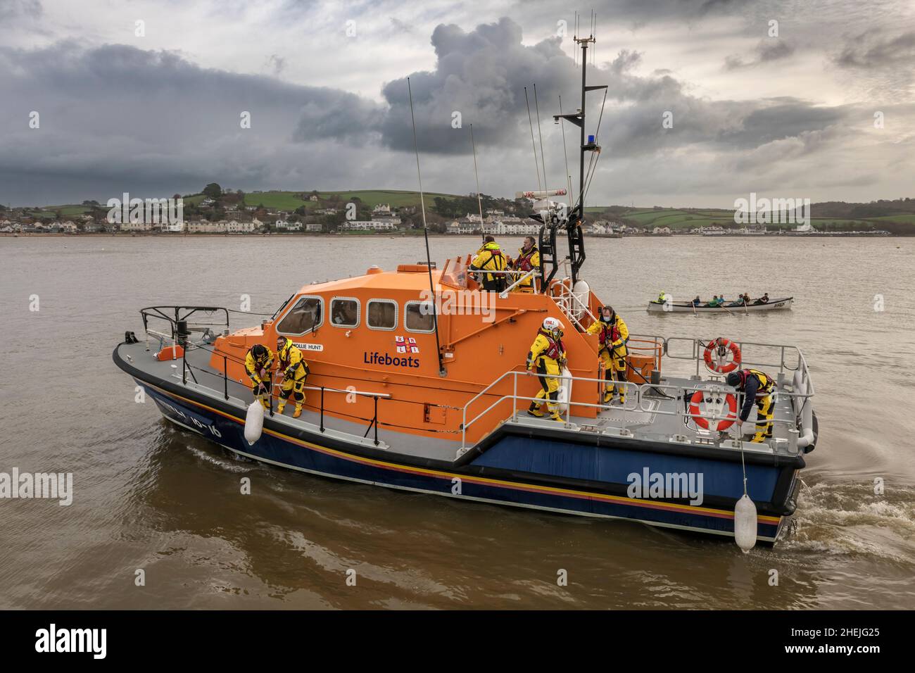 The 'Mollie Hunt', Appledore's Tamar-class lifeboat, leaves the quay at Appleore in North Devon whilst her crew finish a Sunday morning training sessi Stock Photo