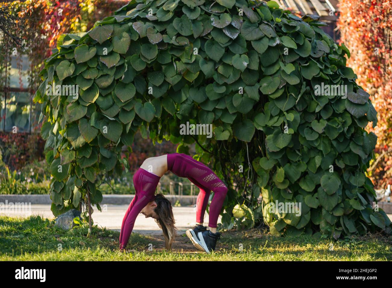 Girl in red sportswear doing yoga pose on the alley in the autumn park