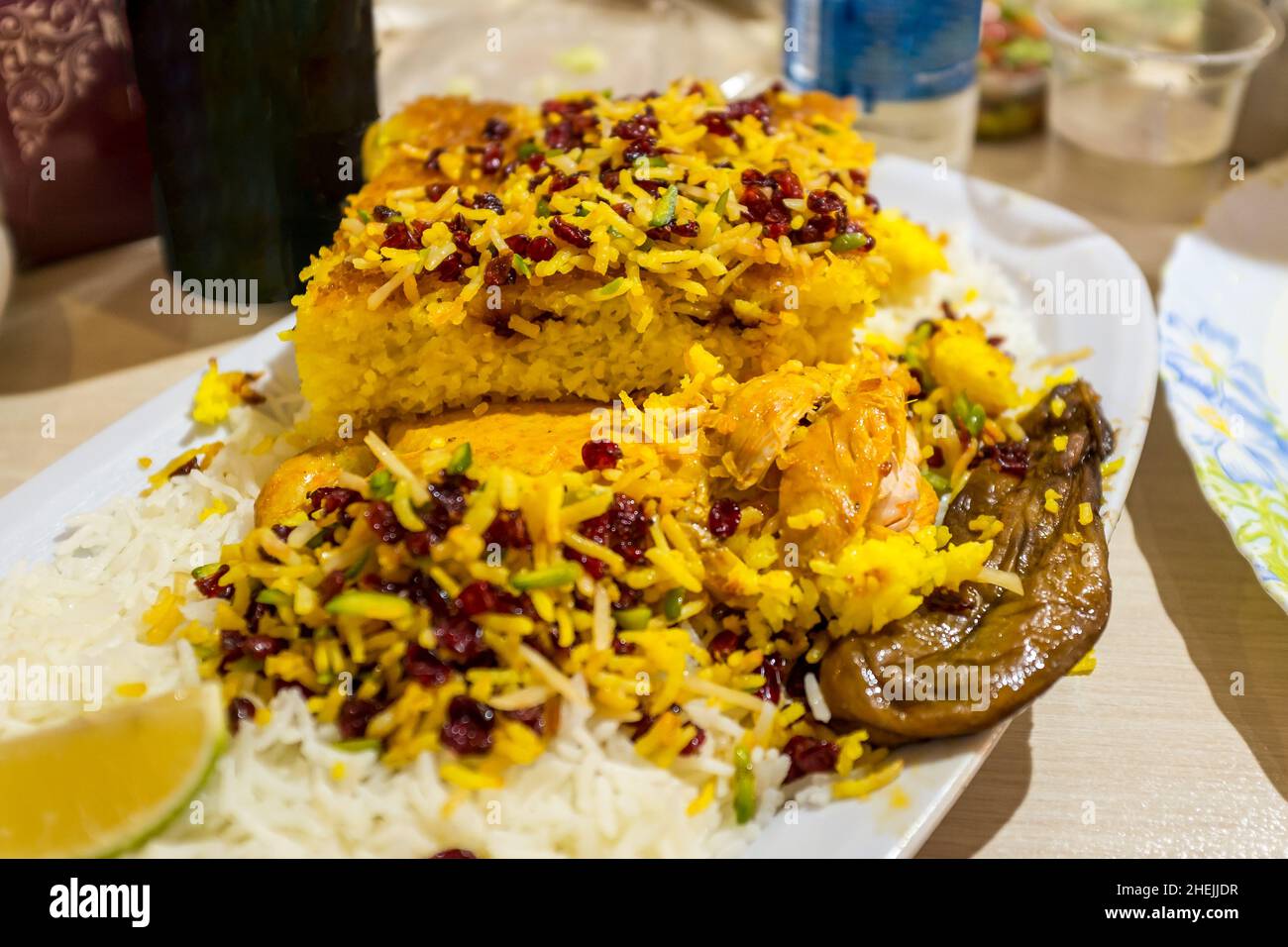 Tahchin with chicken, a famous rice dish with barberries, yoghurt