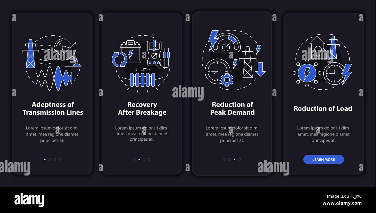 Applications of smart grid night mode onboarding mobile app screen ...