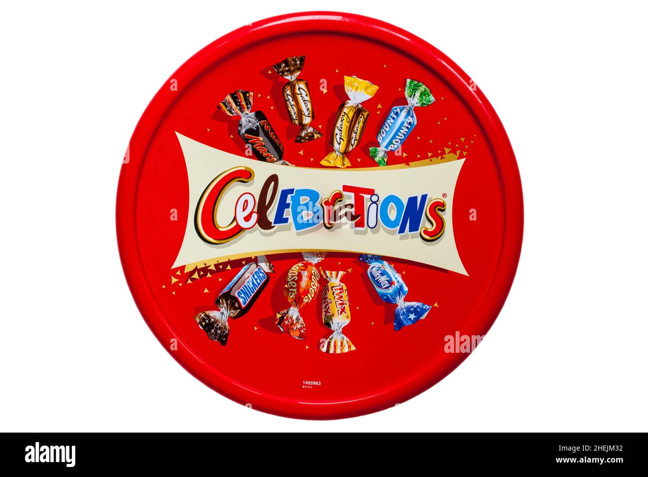 Tub of Celebrations chocolates sweets isolated on white background Stock Photo