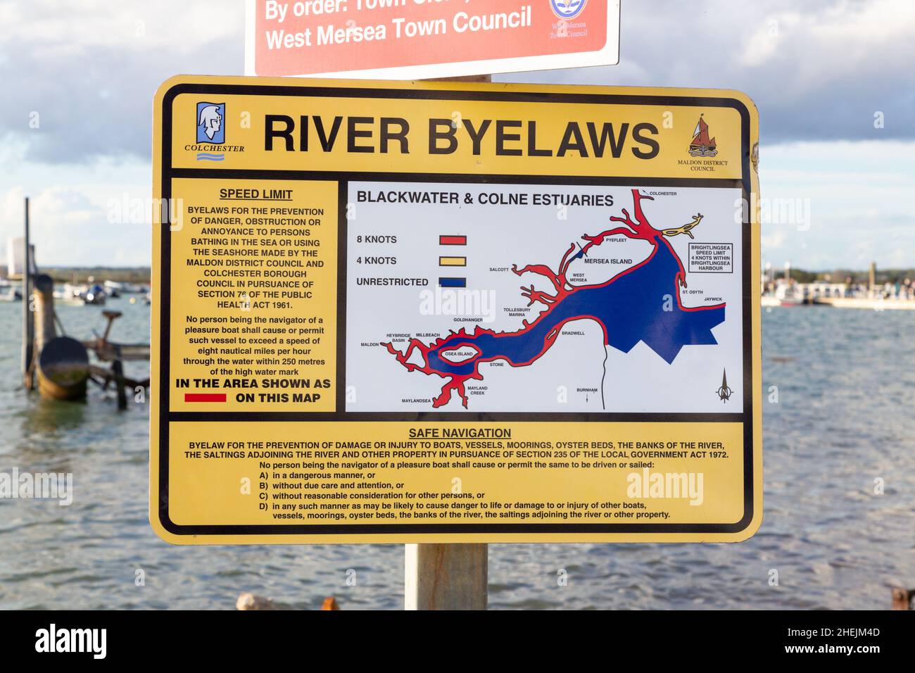 River byelaws sign, blackwater and colne estuaries, mersea, essex, uk Stock Photo