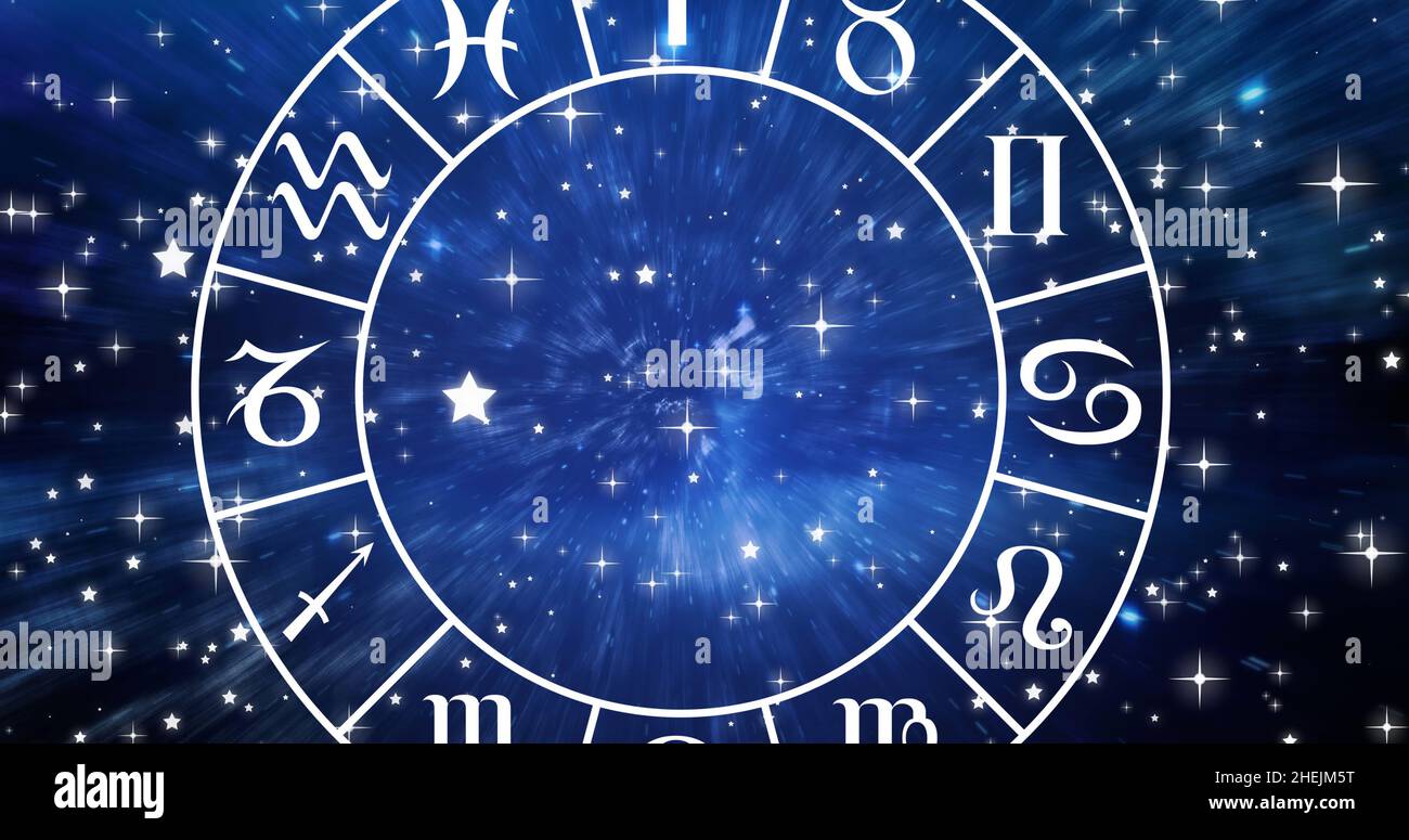 Image of virgo star sign inside spinning wheel of zodiac signs over stars on blue sky Stock
